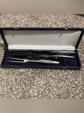 Vintage CG Stainless Japan Carving Set Knife Fork Sharpener w/ Case Mid Century